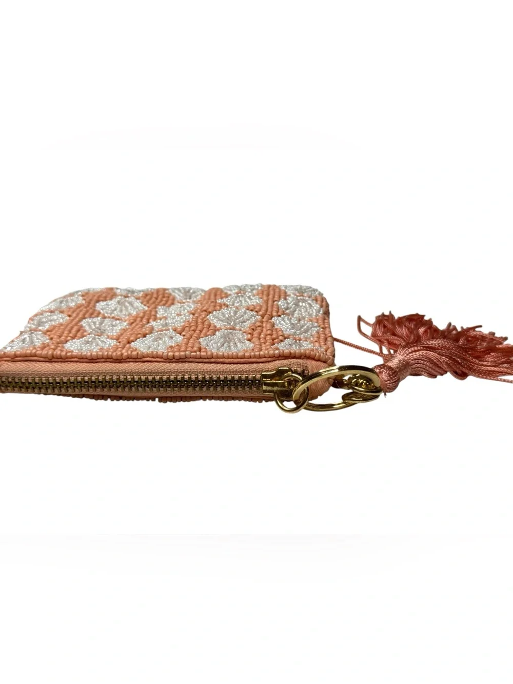 🐚✨ NWT Anthropologie Fiona Beaded Coin Purse Pink Shell Keychain Tassel 🎀